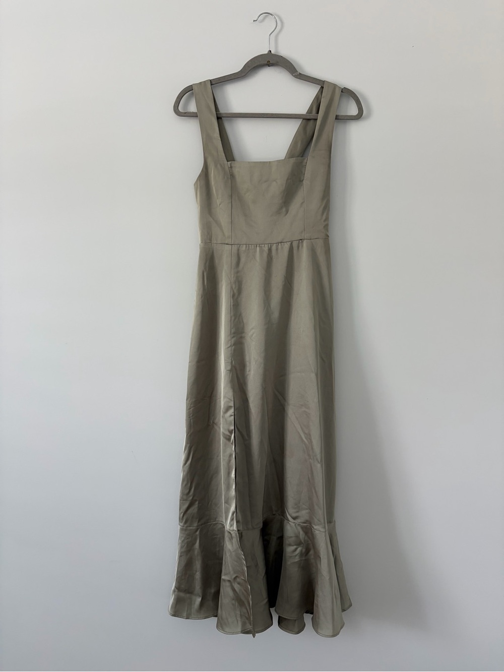 Show Me Your Mumu Claire Midi Boho Dress Moss Green Fall Ruffle Luxe Satin S